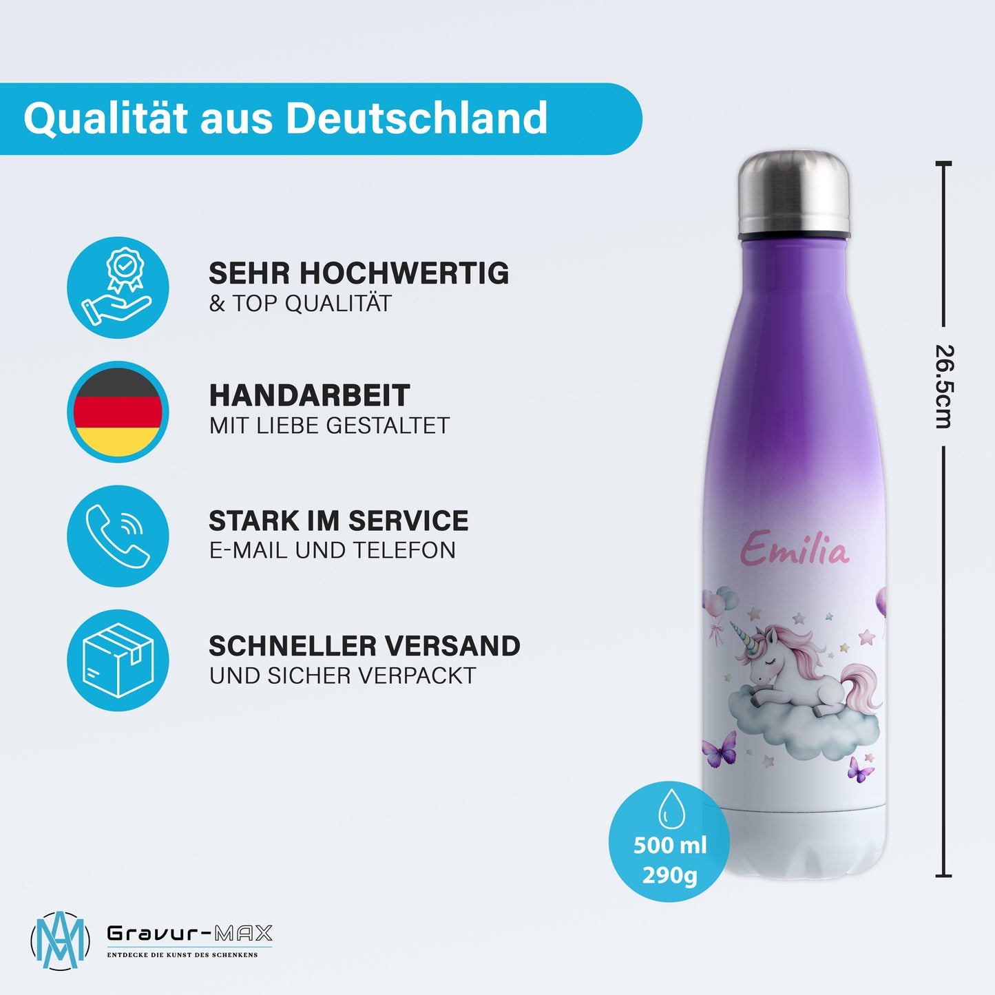 Thermoflasche 500ml in Weiß/Violett bedruckt mit tollen Motiven für Kinder "Einhorn Wolke" personalisierbar mit Wunschname