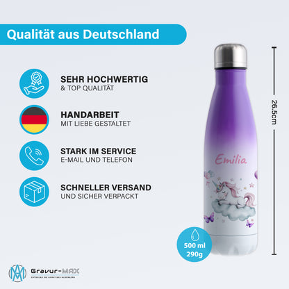 Thermoflasche 500ml in Weiß/Violett bedruckt mit tollen Motiven für Kinder "Einhorn Wolke" personalisierbar mit Wunschname