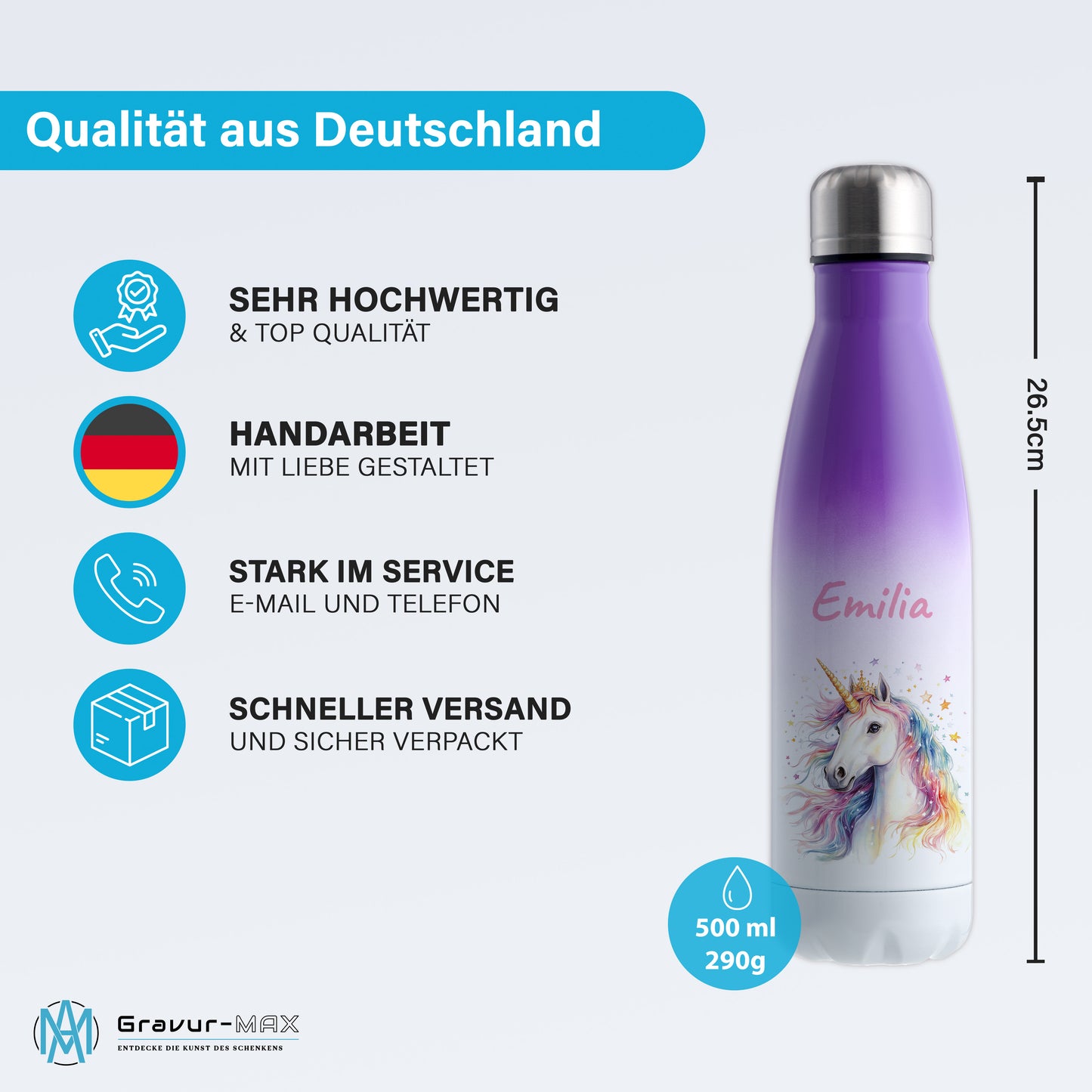 Thermoflasche 500ml in Weiß/Violett bedruckt mit tollen Motiven für Kinder "Einhorn" personalisierbar mit Wunschname