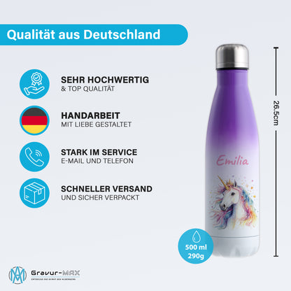 Thermoflasche 500ml in Weiß/Violett bedruckt mit tollen Motiven für Kinder "Einhorn" personalisierbar mit Wunschname