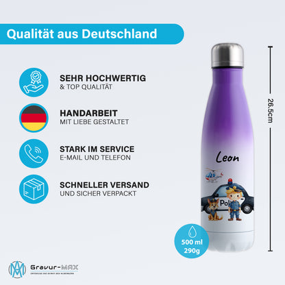Thermoflasche 500ml in Weiß/Violett bedruckt mit tollen Motiven für Kinder "Polizei" personalisierbar mit Wunschname