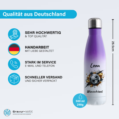 Thermoflasche 500ml in Weiß/Violett aus Edelstahl bedruckt "Fußball" Motiv13 personalisierbar mit Wunschname & Text