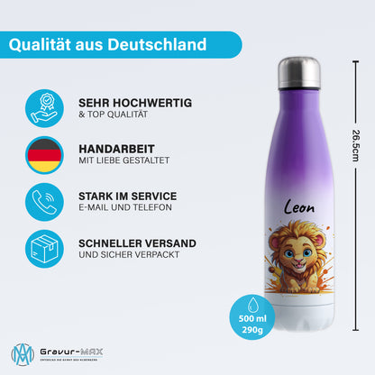 Trinkflasche in Weiß/Violett 500ml aus Edelstahl bedruckt mit niedlichen Tieren "Löwe" personalisierbar für Kinder mit Wunschname