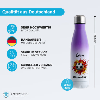 Thermoflasche 500ml in Weiß/Violett aus Edelstahl bedruckt "Fußball" Motiv9 personalisierbar mit Wunschname & Text