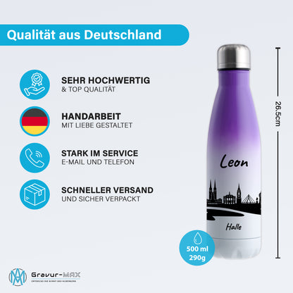 Trinkflasche in Weiß/Violett 500ml aus Edelstahl bedruckt mit der Skyline von Halle personalisierbar mit Wunschname