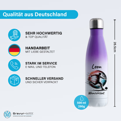 Thermoflasche 500ml in Weiß/Violett aus Edelstahl bedruckt "Fußball" Motiv3 personalisierbar mit Wunschname & Text