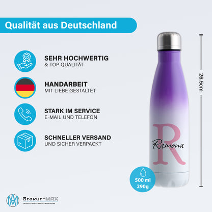 Thermoflasche 500ml aus Edelstahl in Weiß/Violett personalisierbar mit Wunschname auslaufsichere Trinkflasche