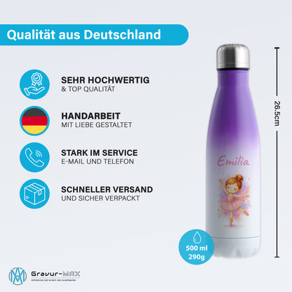 Thermoflasche 500ml in Weiß/Violett bedruckt mit tollen Motiven für Kinder "Ballerina" personalisierbar mit Wunschname