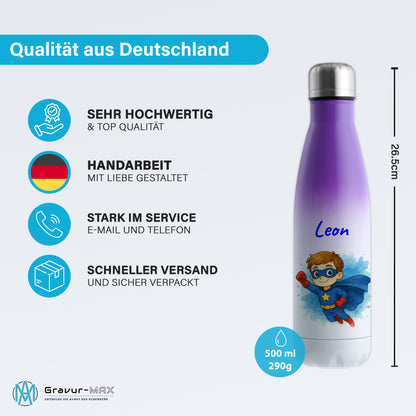 Thermoflasche 500ml in Weiß/Violett bedruckt mit tollen Motiven für Kinder "Superheld" personalisierbar mit Wunschname