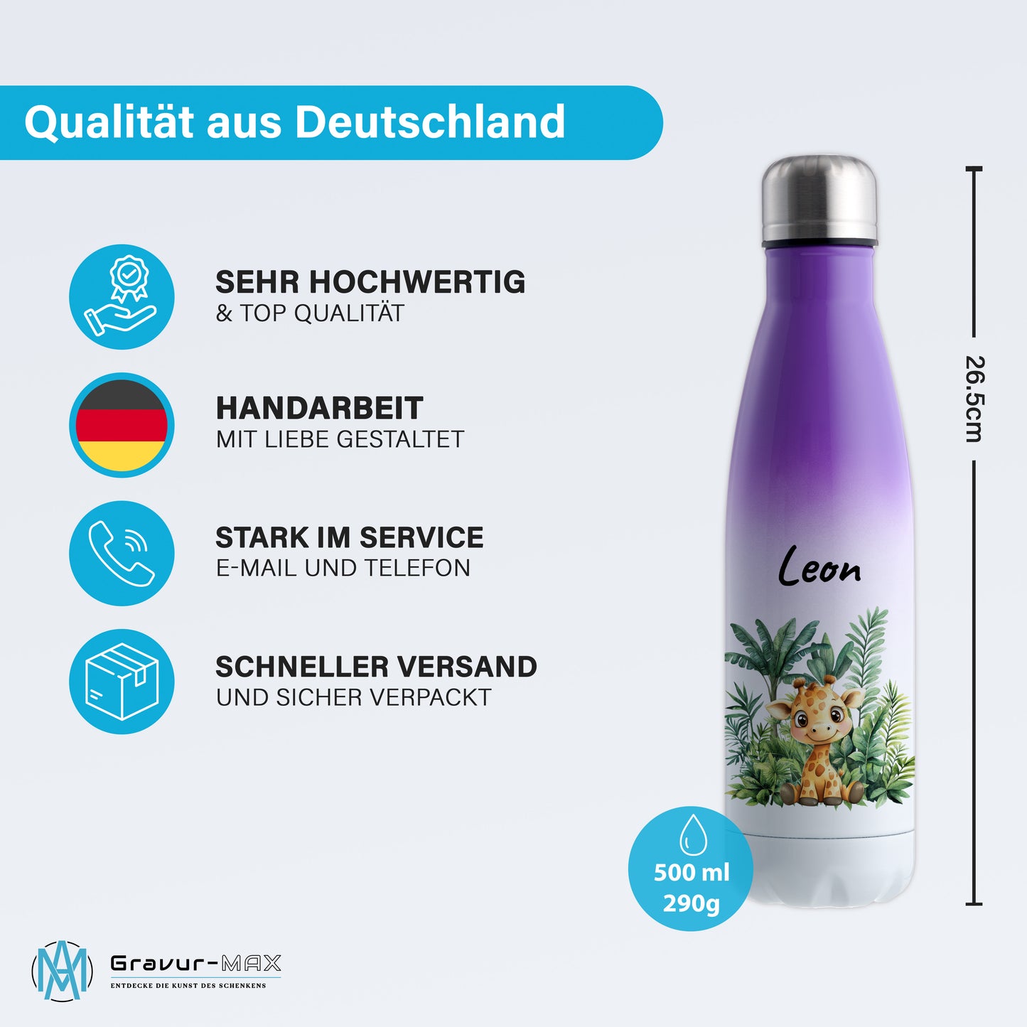 Trinkflasche mit Farbverlauf in Weiß/Violett 500ml aus Edelstahl bedruckt mit Dschungel Tieren"Giraffe" personalisierbar für Kinder mit Wunschname