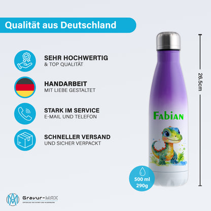 Thermoflasche 500ml in Weiß/Violett bedruckt mit tollen Motiven für Kinder "Dino Kinder" personalisierbar mit Wunschname