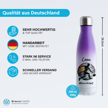Thermoflasche 500ml in Weiß/Violett aus Edelstahl bedruckt "Fußball" Motiv2 personalisierbar mit Wunschname & Text