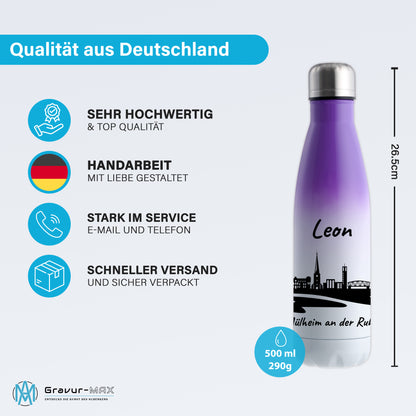 Trinkflasche in Weiß/Violett 500ml aus Edelstahl bedruckt mit der Skyline von Mülheim an der Ruhr personalisierbar mit Wunschname