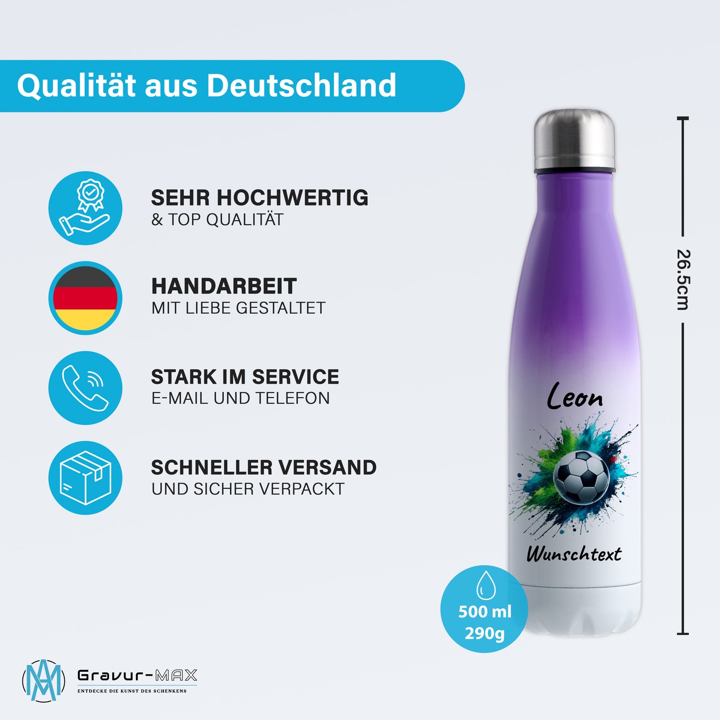 Thermoflasche 500ml in Weiß/Violett aus Edelstahl bedruckt "Fußball" Motiv8 personalisierbar mit Wunschname & Text