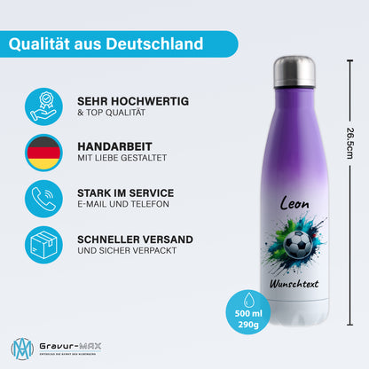 Thermoflasche 500ml in Weiß/Violett aus Edelstahl bedruckt "Fußball" Motiv8 personalisierbar mit Wunschname & Text