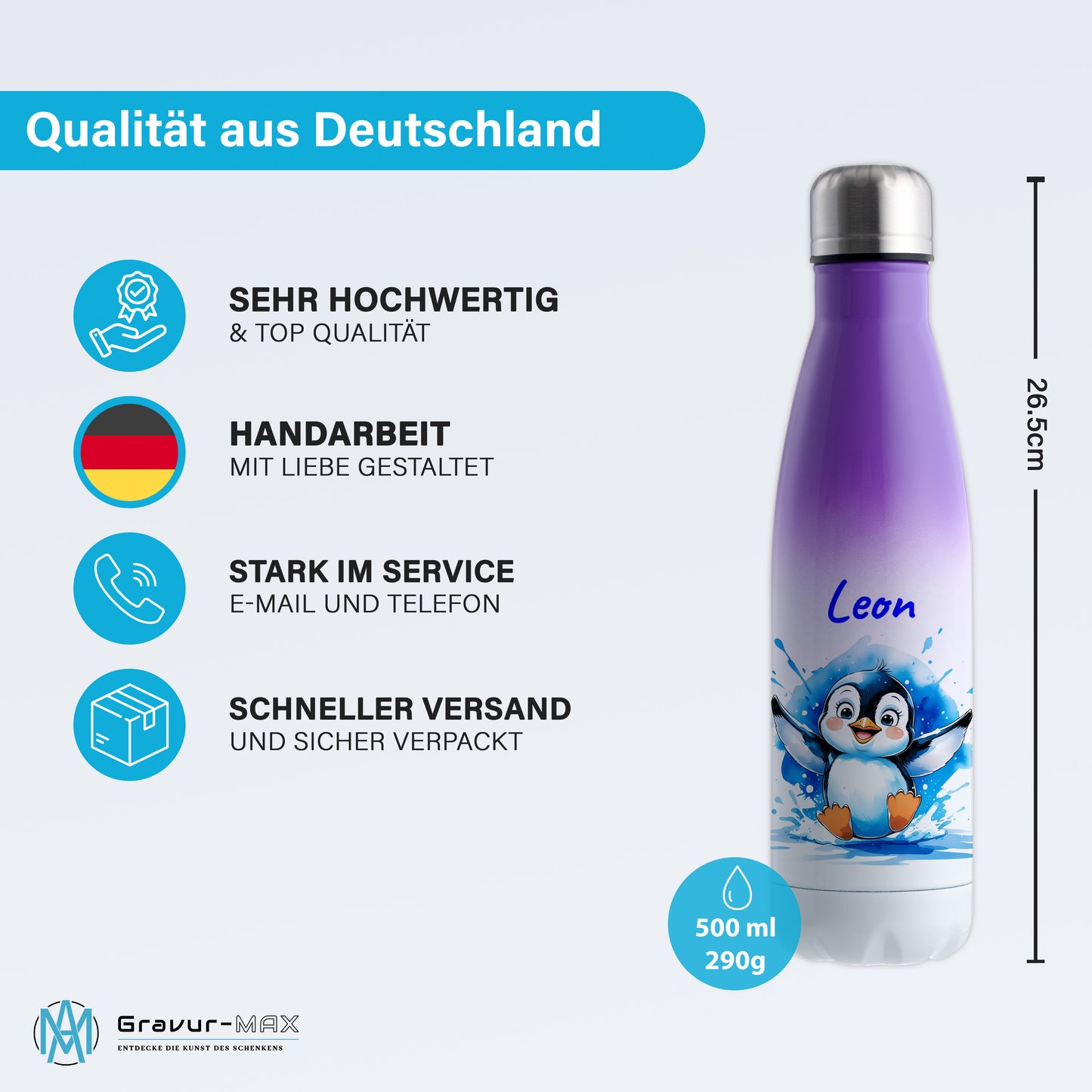 Trinkflasche in Weiß/Violett 500ml aus Edelstahl bedruckt mit niedlichen Tieren "Pinguin" personalisierbar für Kinder mit Wunschname