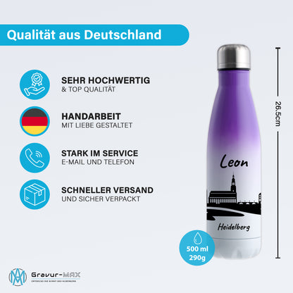 Trinkflasche in Weiß/Violett 500ml aus Edelstahl bedruckt mit der Skyline von Heidelberg personalisierbar mit Wunschname