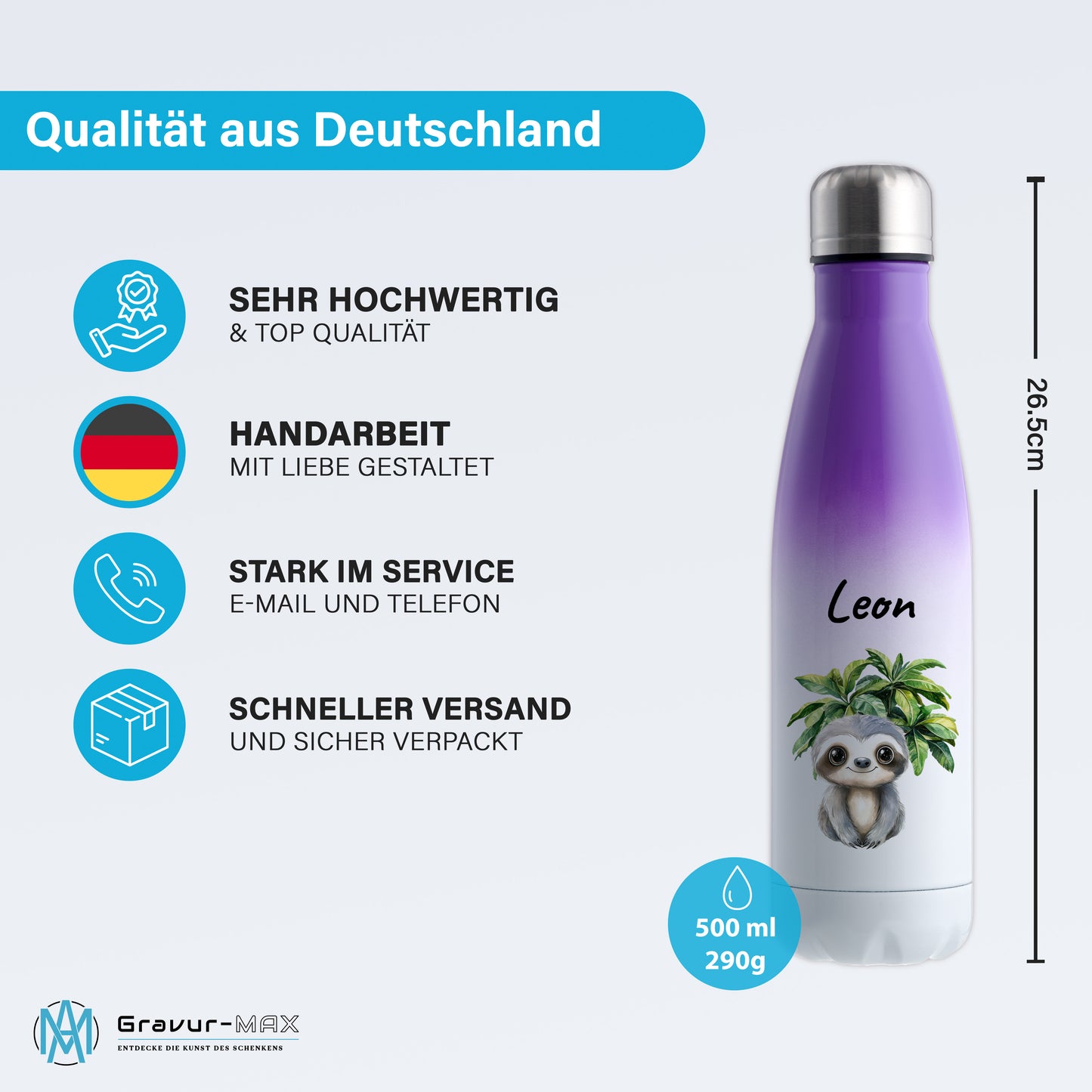 Trinkflasche mit Farbverlauf in Weiß/Violett 500ml aus Edelstahl bedruckt mit Dschungel Tieren"Faultier" personalisierbar für Kinder mit Wunschname