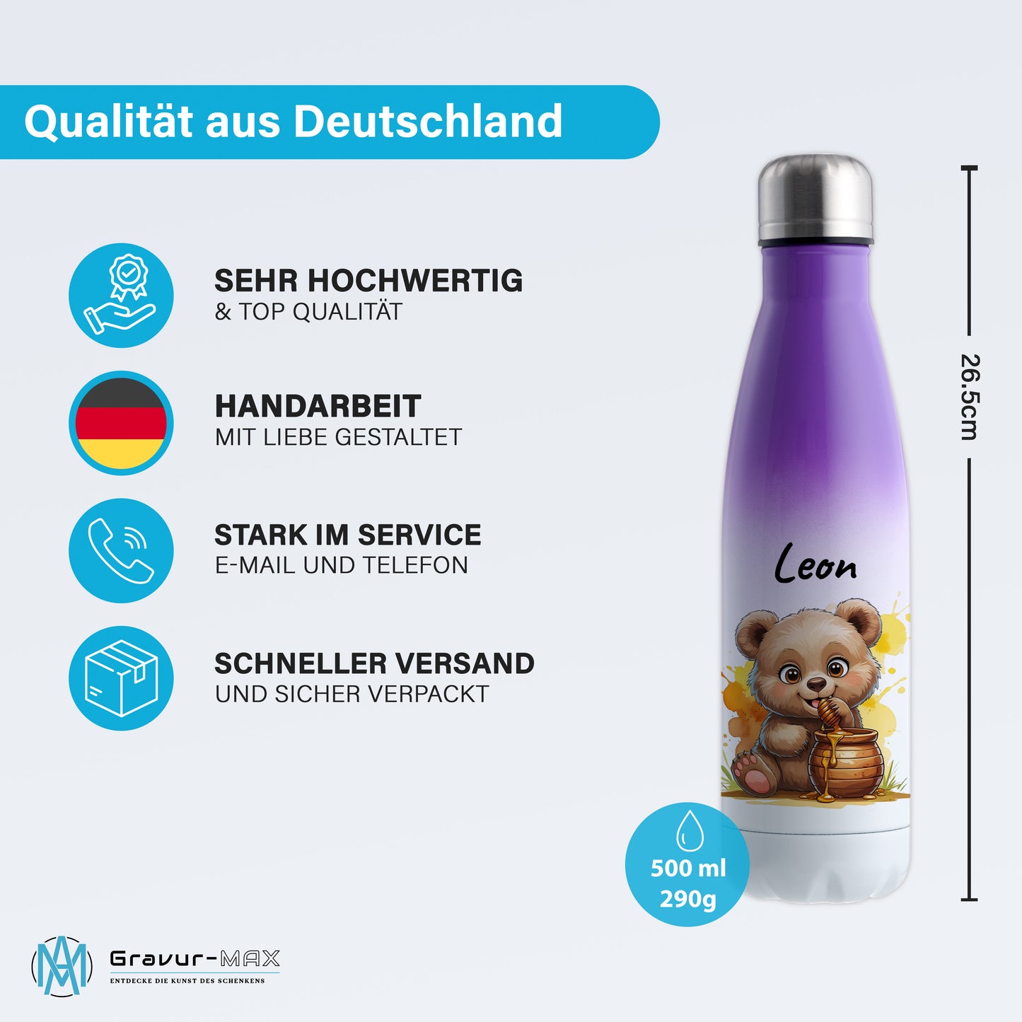 Trinkflasche in Weiß/Violett 500ml aus Edelstahl bedruckt mit niedlichen Tieren "Bär" personalisierbar für Kinder mit Wunschname