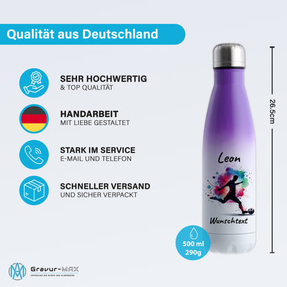 Thermoflasche 500ml in Weiß/Violett aus Edelstahl bedruckt "Fußball" Motiv4 personalisierbar mit Wunschname & Text