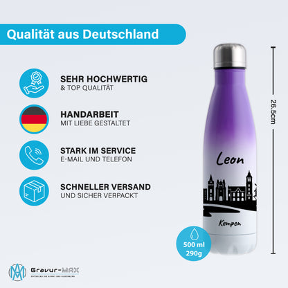 Trinkflasche in Weiß/Violett 500ml aus Edelstahl bedruckt mit der Skyline von Kempen personalisierbar mit Wunschname