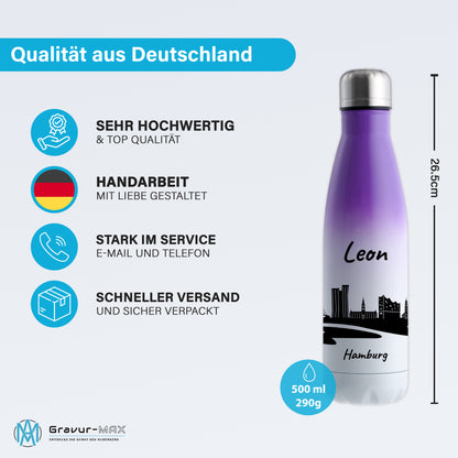 Trinkflasche in Weiß/Violett 500ml aus Edelstahl bedruckt mit der Skyline von Hamburg personalisierbar mit Wunschname