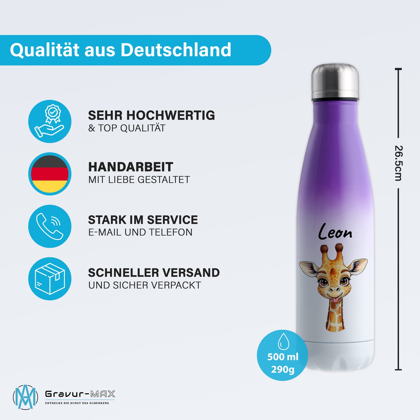 Trinkflasche in Weiß/Violett 500ml aus Edelstahl bedruckt mit niedlichen Tieren "Giraffe" personalisierbar für Kinder mit Wunschname