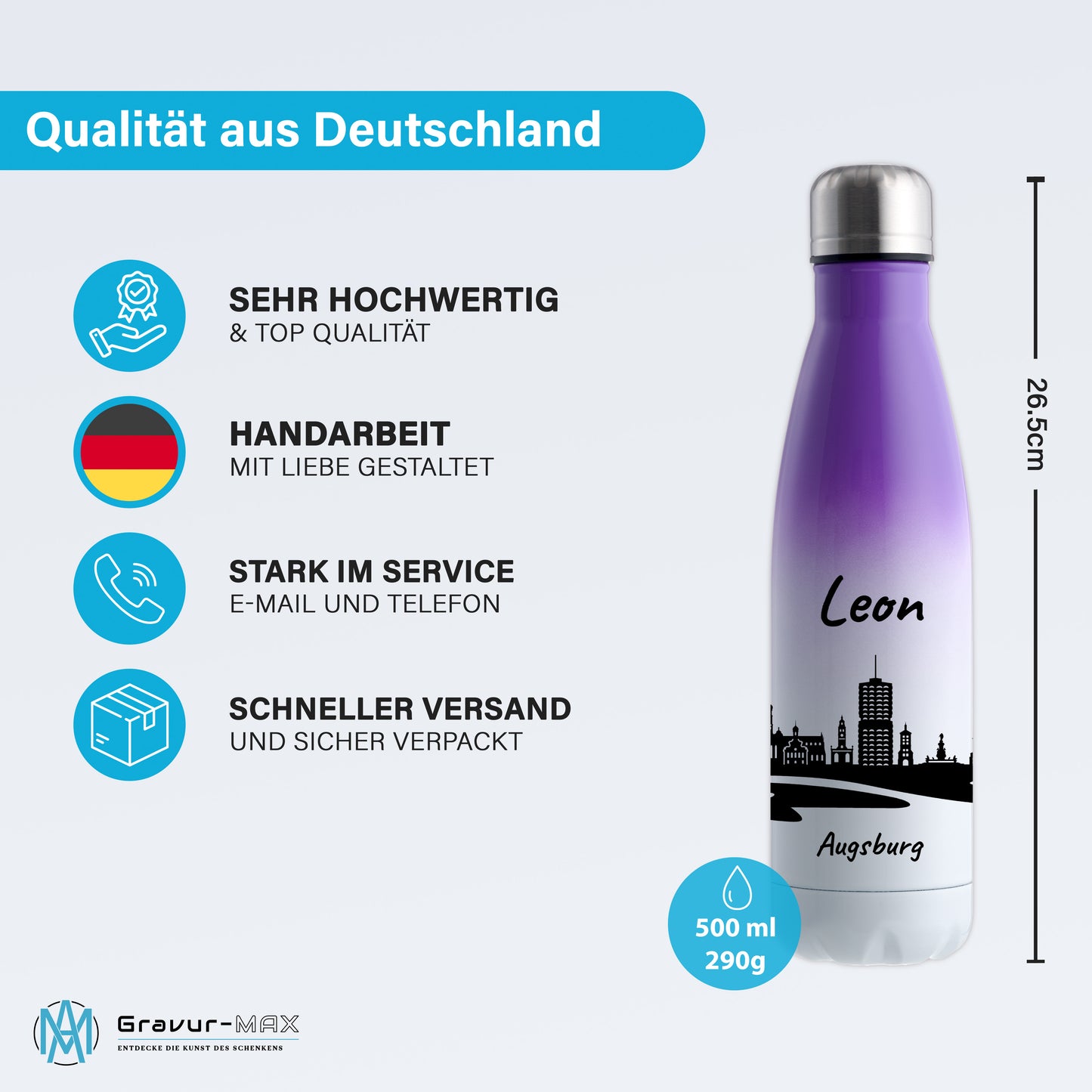 Trinkflasche in Weiß/Violett 500ml aus Edelstahl bedruckt mit der Skyline von Augsburg personalisierbar mit Wunschname