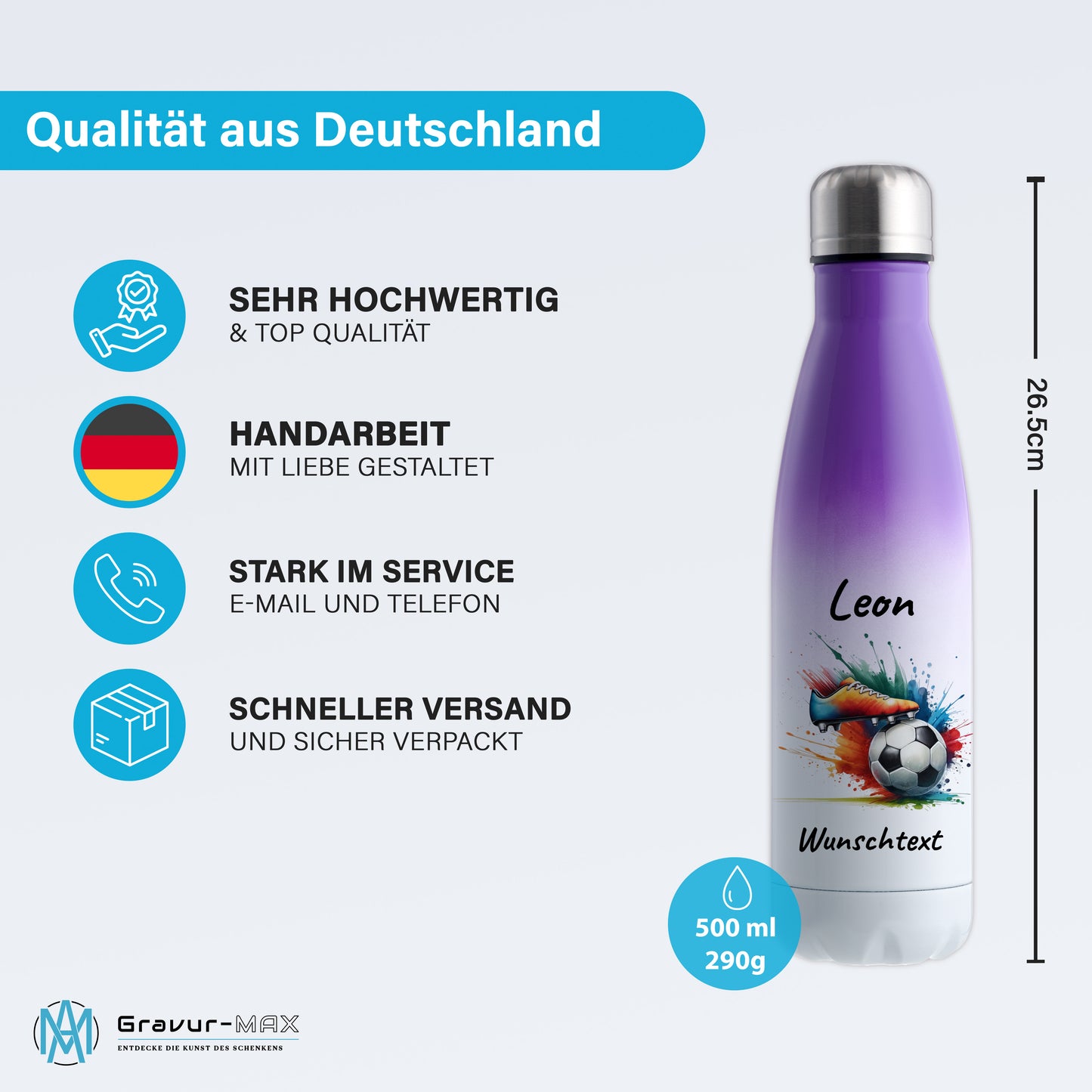 Thermoflasche 500ml in Weiß/Violett aus Edelstahl bedruckt "Fußball" Motiv6 personalisierbar mit Wunschname & Text