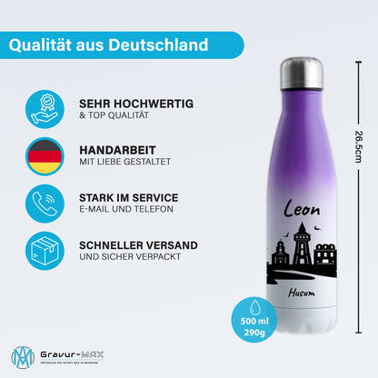Trinkflasche in Weiß/Violett 500ml aus Edelstahl bedruckt mit der Skyline von Husum personalisierbar mit Wunschname