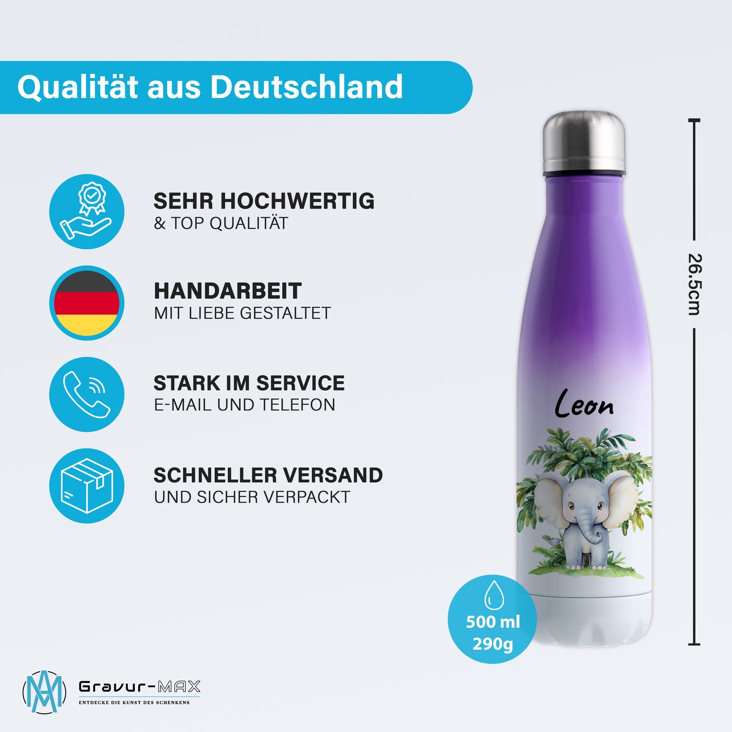 Trinkflasche mit Farbverlauf in Weiß/Violett 500ml aus Edelstahl bedruckt mit Dschungel Tieren"Elefant" personalisierbar für Kinder mit Wunschname