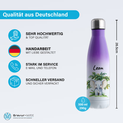 Trinkflasche mit Farbverlauf in Weiß/Violett 500ml aus Edelstahl bedruckt mit Dschungel Tieren"Elefant" personalisierbar für Kinder mit Wunschname