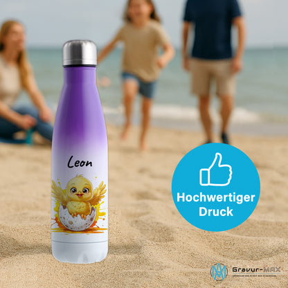 Trinkflasche in Weiß/Violett 500ml aus Edelstahl bedruckt mit niedlichen Tieren "Küken" personalisierbar für Kinder mit Wunschname