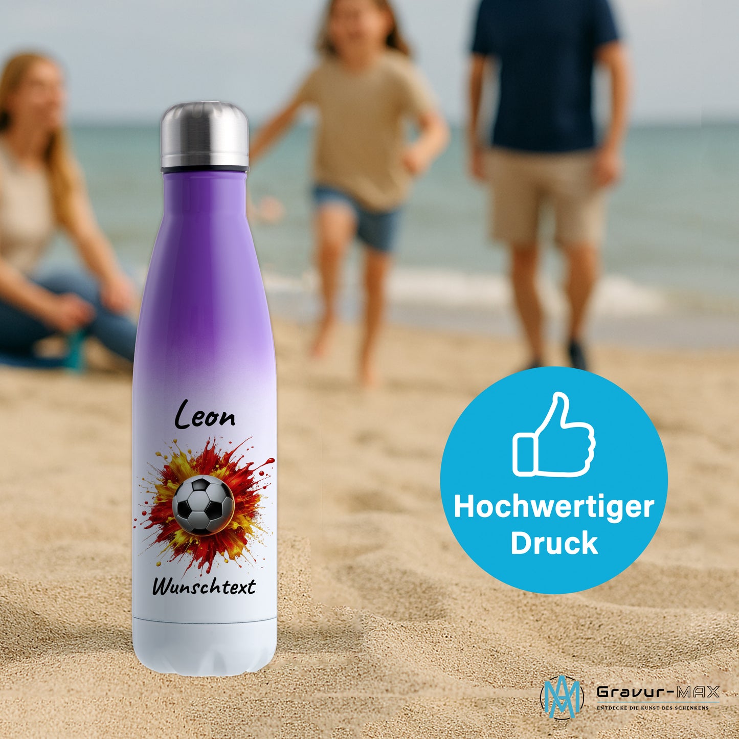 Thermoflasche 500ml in Weiß/Violett aus Edelstahl bedruckt "Fußball" Motiv9 personalisierbar mit Wunschname & Text