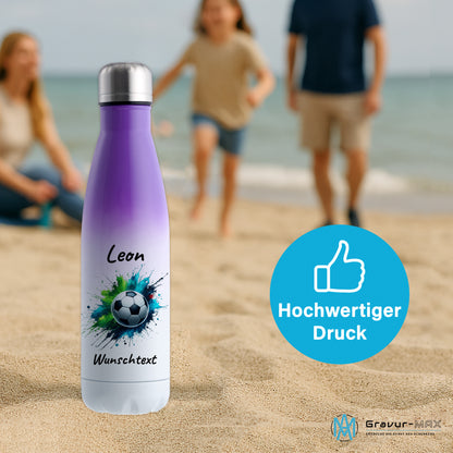 Thermoflasche 500ml in Weiß/Violett aus Edelstahl bedruckt "Fußball" Motiv8 personalisierbar mit Wunschname & Text