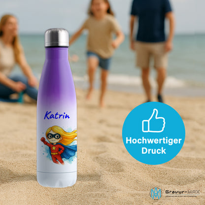 Thermoflasche 500ml in Weiß/Violett bedruckt mit tollen Motiven für Kinder "Superheldin" personalisierbar mit Wunschname