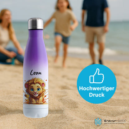 Trinkflasche in Weiß/Violett 500ml aus Edelstahl bedruckt mit niedlichen Tieren "Löwe" personalisierbar für Kinder mit Wunschname