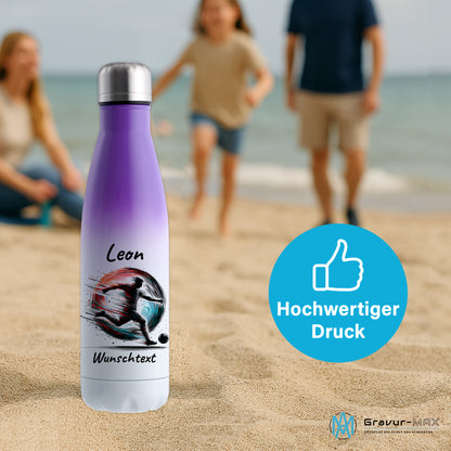 Thermoflasche 500ml in Weiß/Violett aus Edelstahl bedruckt "Fußball" Motiv3 personalisierbar mit Wunschname & Text