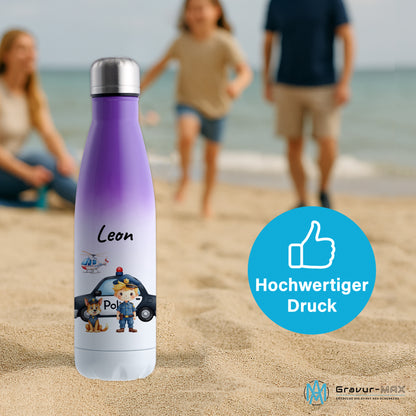 Thermoflasche 500ml in Weiß/Violett bedruckt mit tollen Motiven für Kinder "Polizei" personalisierbar mit Wunschname