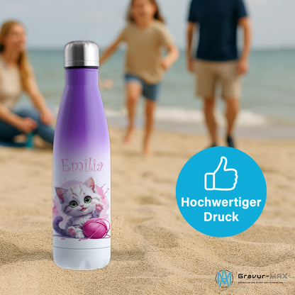 Trinkflasche in Weiß/Violett 500ml aus Edelstahl bedruckt mit niedlichen Tieren "Katze" personalisierbar für Kinder mit Wunschname