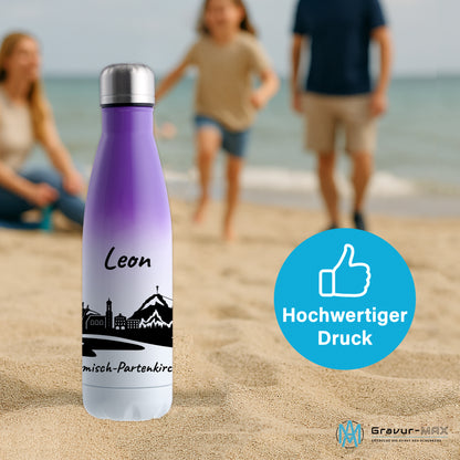 Trinkflasche in Weiß/Violett 500ml aus Edelstahl bedruckt mit der Skyline von Garmisch-Partenkirchen personalisierbar mit Wunschname