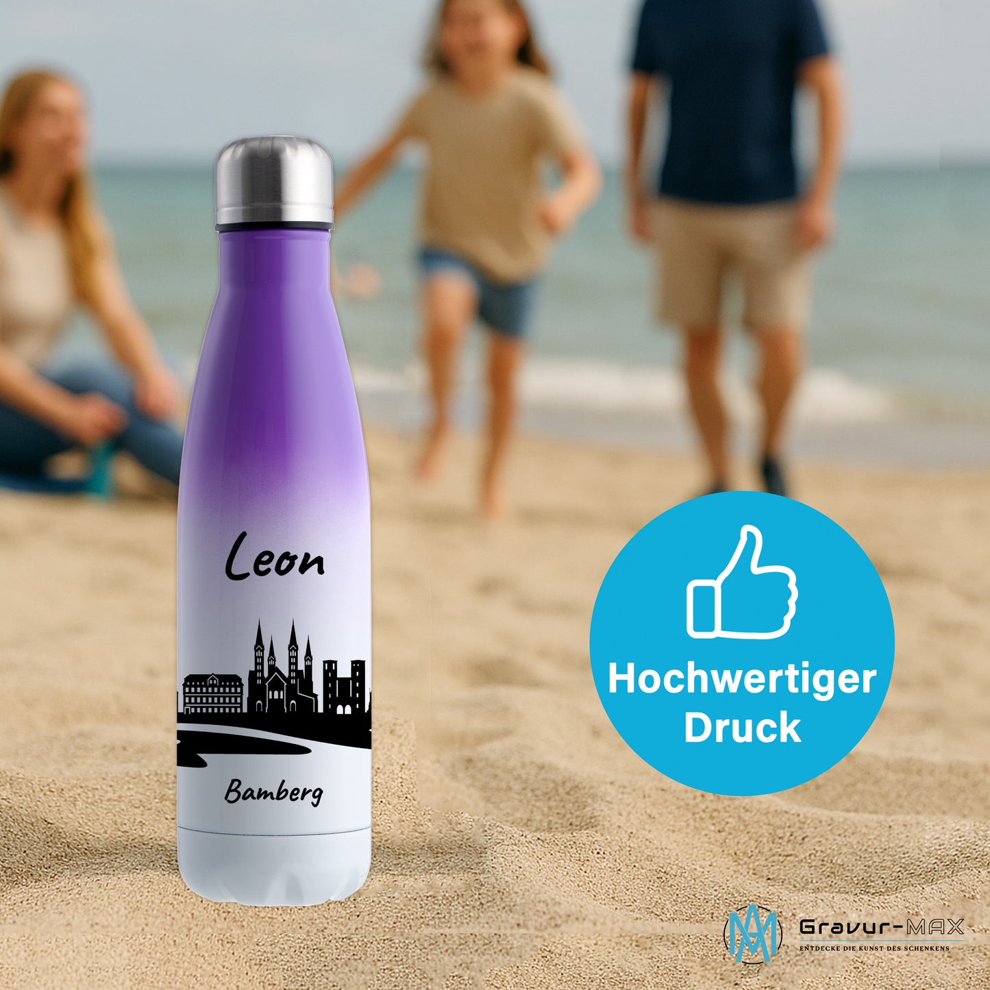 Trinkflasche in Weiß/Violett 500ml aus Edelstahl bedruckt mit der Skyline von Bamberg personalisierbar mit Wunschname