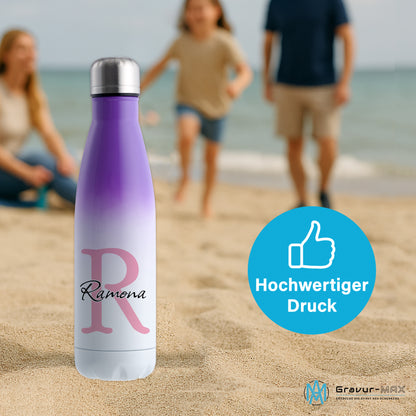 Thermoflasche 500ml aus Edelstahl in Weiß/Violett personalisierbar mit Wunschname auslaufsichere Trinkflasche