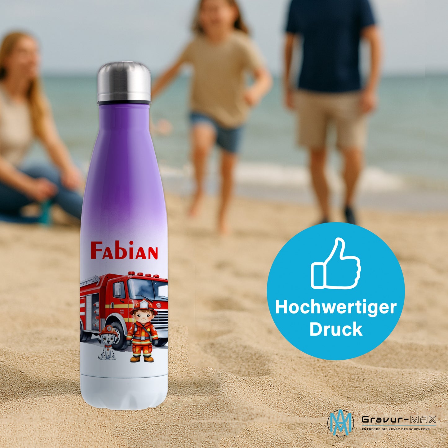 Thermoflasche 500ml in Weiß/Violett bedruckt mit tollen Motiven für Kinder "Feuerwehr" personalisierbar mit Wunschname