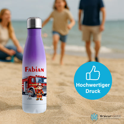 Thermoflasche 500ml in Weiß/Violett bedruckt mit tollen Motiven für Kinder "Feuerwehr" personalisierbar mit Wunschname