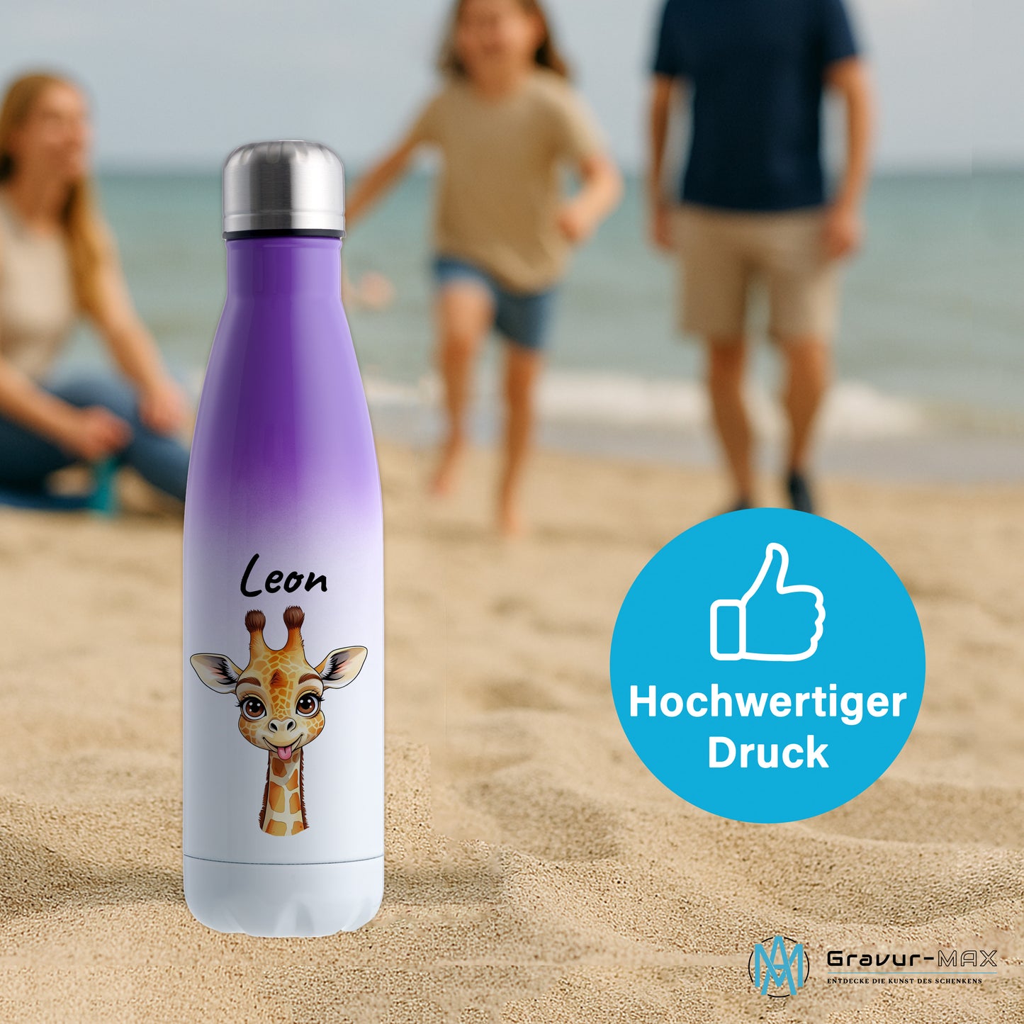 Trinkflasche in Weiß/Violett 500ml aus Edelstahl bedruckt mit niedlichen Tieren "Giraffe" personalisierbar für Kinder mit Wunschname