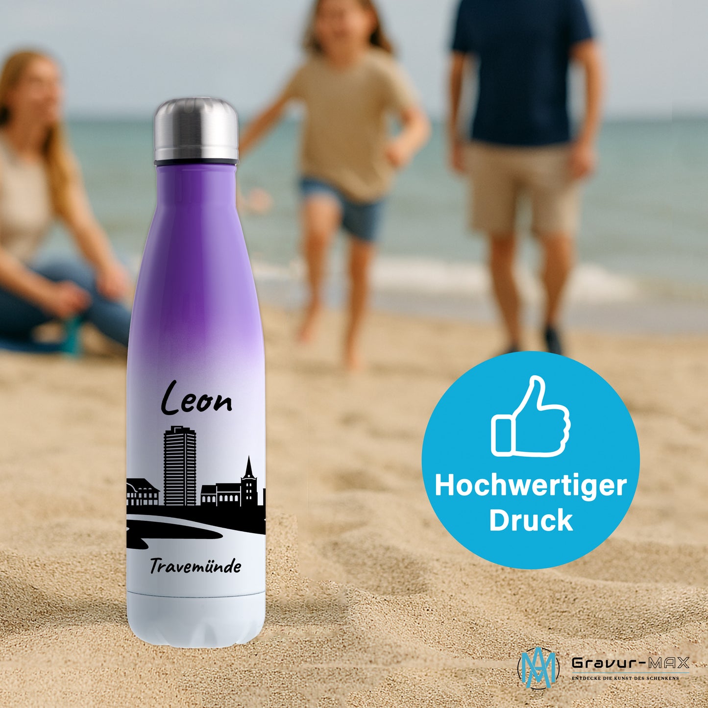 Trinkflasche in Weiß/Violett 500ml aus Edelstahl bedruckt mit der Skyline von Travemünde personalisierbar mit Wunschname