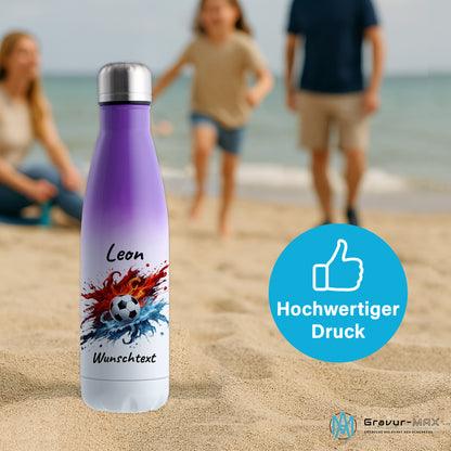 Thermoflasche 500ml in Weiß/Violett aus Edelstahl bedruckt "Fußball" Motiv12 personalisierbar mit Wunschname & Text
