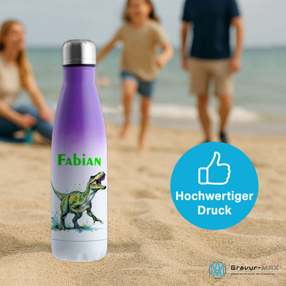 Thermoflasche 500ml in Weiß/Violett bedruckt mit tollen Motiven für Kinder "Dino T-Rex" personalisierbar mit Wunschname