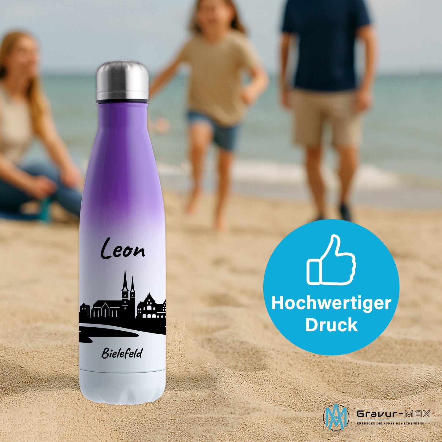 Trinkflasche in Weiß/Violett 500ml aus Edelstahl bedruckt mit der Skyline von Bielefeld personalisierbar mit Wunschname